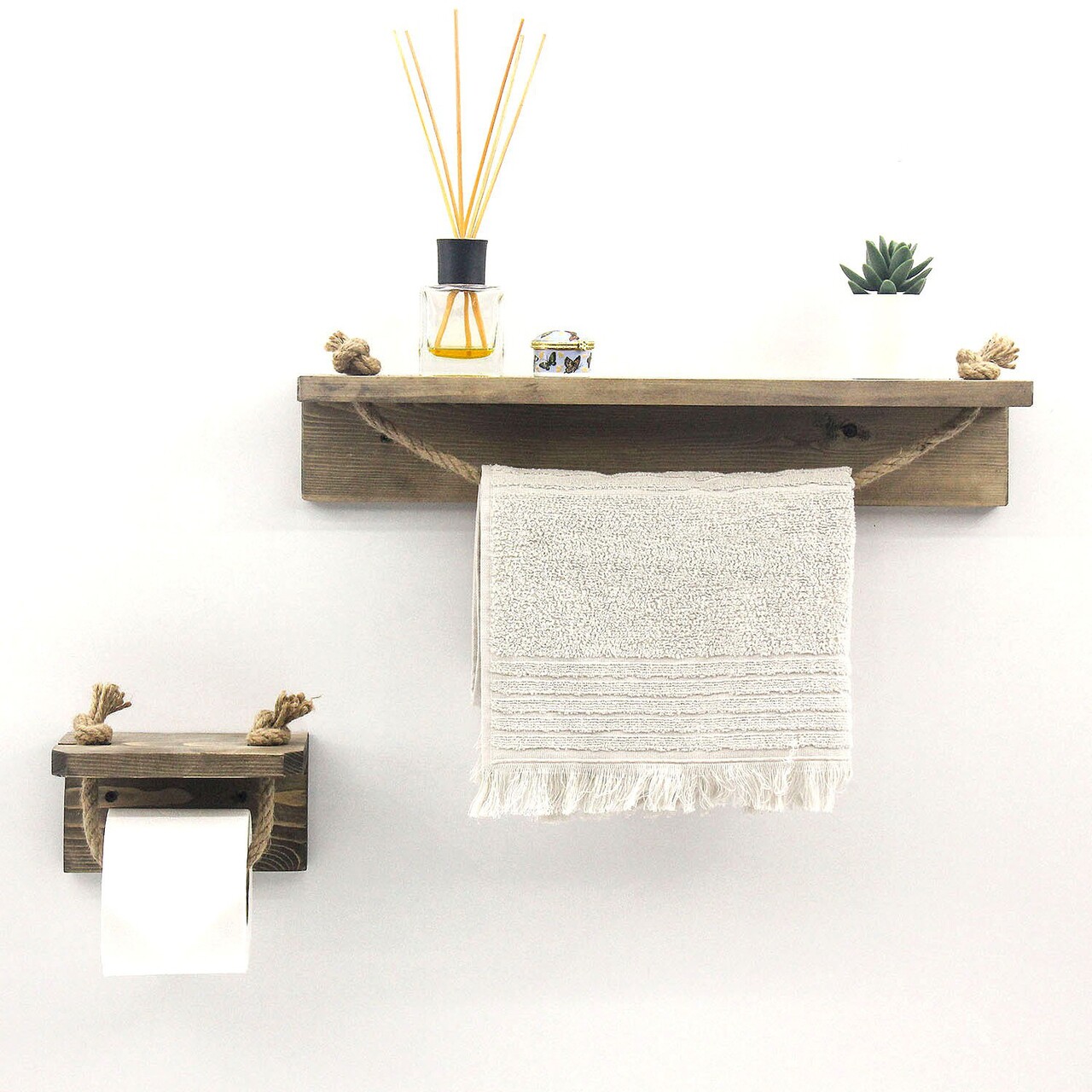 Set suport hartie igienica si suport de prosoape, Evila Originals, 50x9x10 cm, lemn de molid, maro - imagine 4